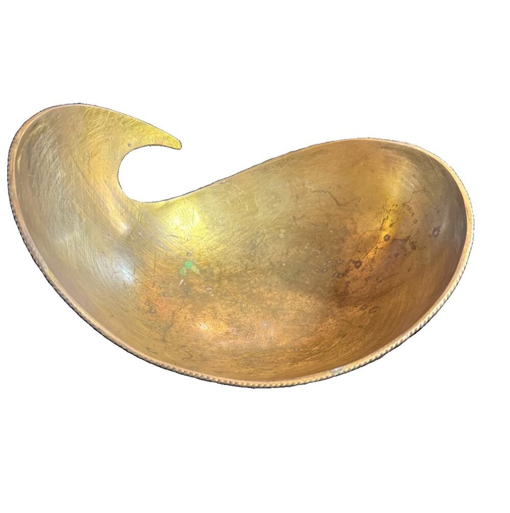 Vintage Brass Freeform Wave Bowl with Engraved Scenes, Rope Rim & Three Ball Ft